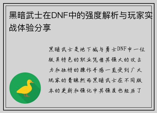 黑暗武士在DNF中的强度解析与玩家实战体验分享