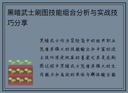 黑暗武士刷图技能组合分析与实战技巧分享